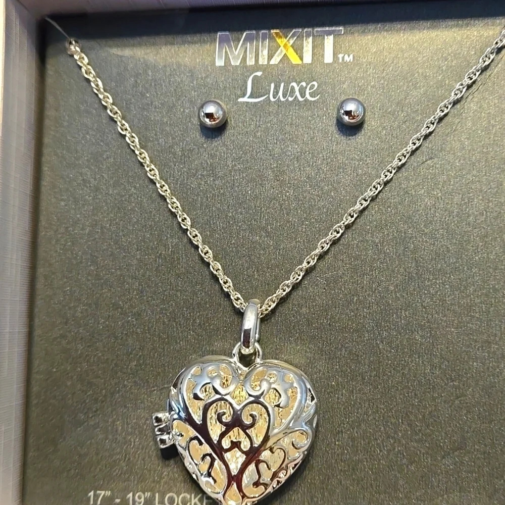 Mixit Silver Tone Pendant Necklace & Stud Earrings 2-pc. Heart Locket Set